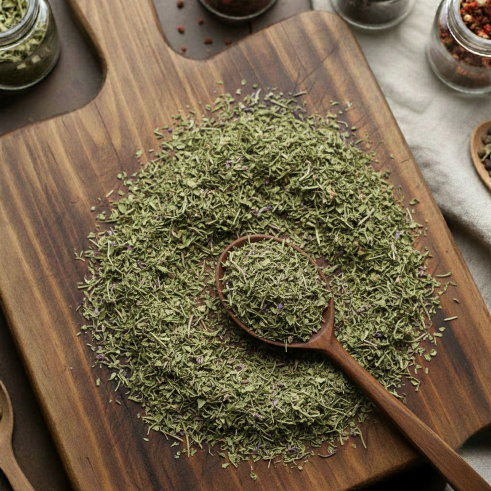 Close-up of dried green Alfalfa leaves (Medicago sativa) cut and sifted.