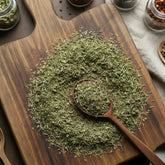 Close-up of dried green Alfalfa leaves (Medicago sativa) cut and sifted.