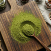 Fine green alfalfa leaf powder (Medicago sativa) for culinary use.