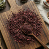 Dry cut and sifted Alkanet root used as a natural red fat-soluble dye for soaps and oils.