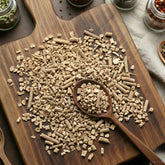 Dry cut and sifted Ashwagandha root (Withania somnifera) for traditional botanical decoctions.