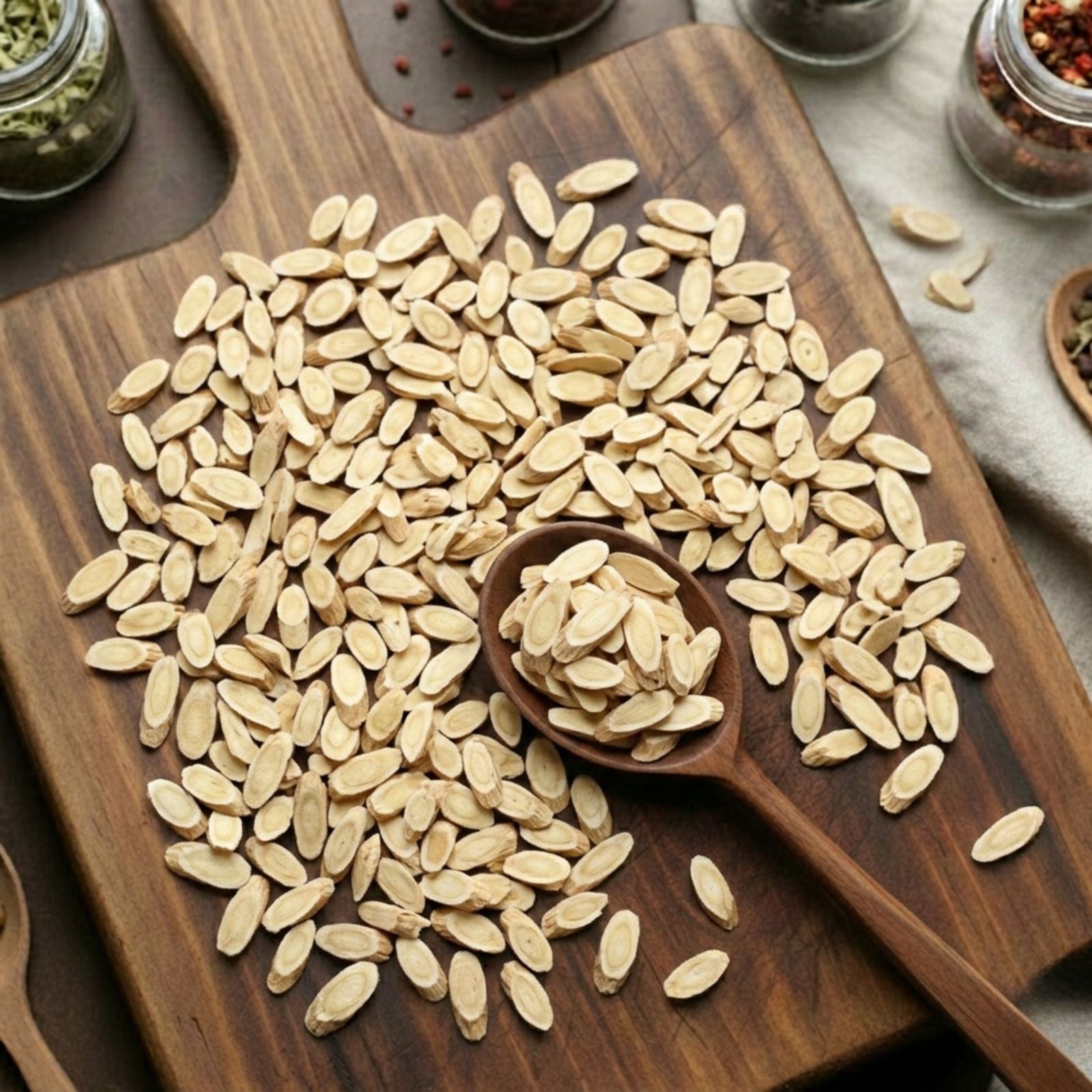 Dry cut and sifted Astragalus root (Astragalus membranaceus) for traditional herbal broths and decoctions.