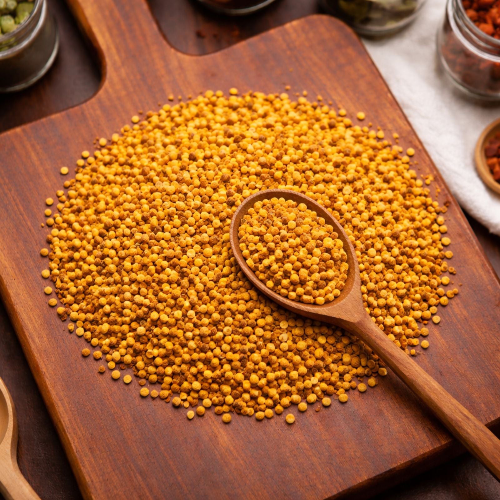 A heap of small, round golden-yellow bee pollen granules resting on a dark wooden board next to a wooden spoon.