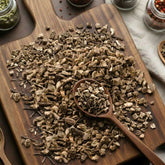 Dry cut and sifted Black Cohosh root (Actaea racemosa) for traditional botanical infusions.