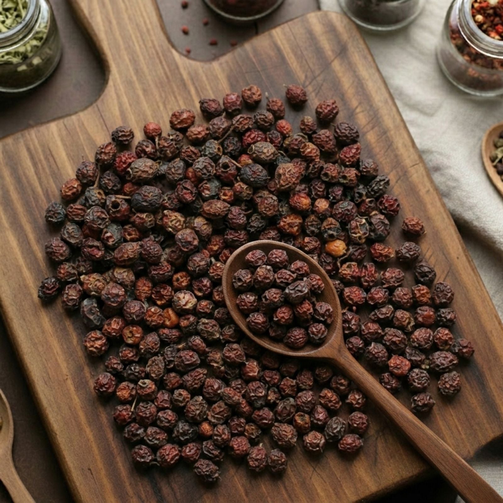 Whole dried Hawthorn berries (Crataegus oxyacantha) for traditional botanical decoctions and fruit infusions.
