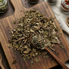 Dry cut and sifted Horny Goat Weed (Epimedium sagittatum) for traditional East Asian botanical infusions.