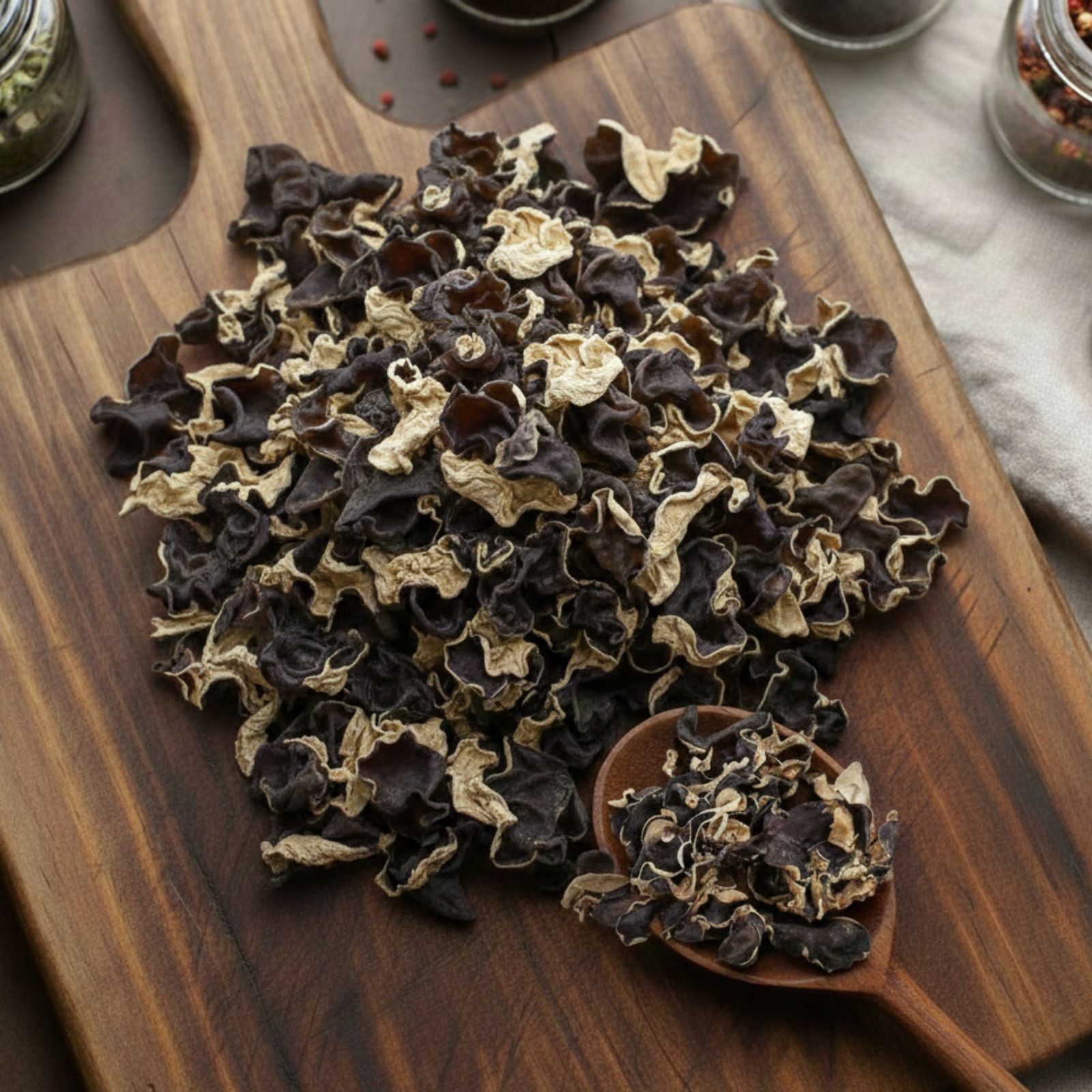 Whole dried Jelly Ear Fungus (Wood Ear) for culinary use in soups and stir-fries.