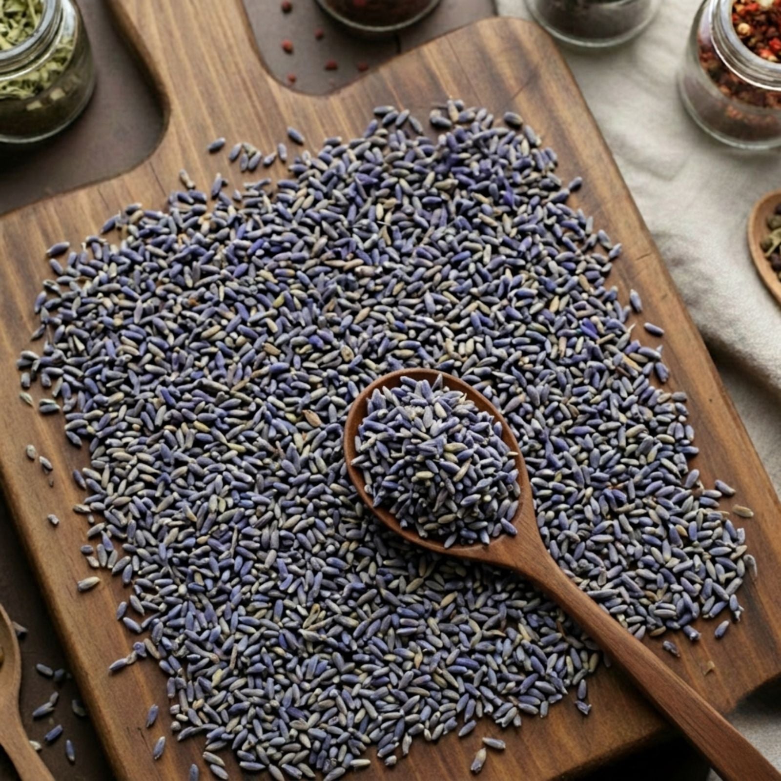 Deep violet-blue dried Lavender buds (Lavandula angustifolia) for traditional botanical infusions and culinary use.