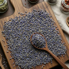 Deep violet-blue dried Lavender buds (Lavandula angustifolia) for traditional botanical infusions and culinary use.