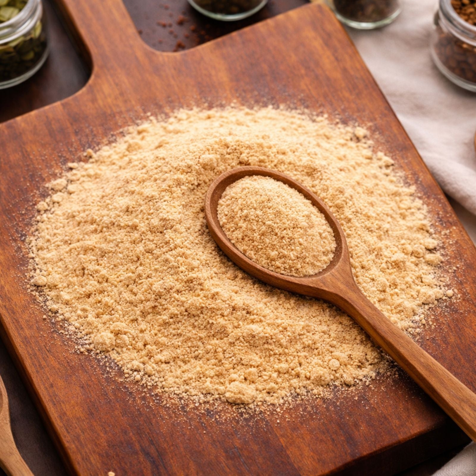 Fine cream-colored Maca Powder (Lepidium meyenii) on a wooden surface with a wooden spoon and herb jars in the background - CanadaVitaLife