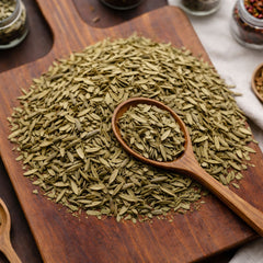 Dry cut and sifted silvery-green olive leaves for tea and botanical use.