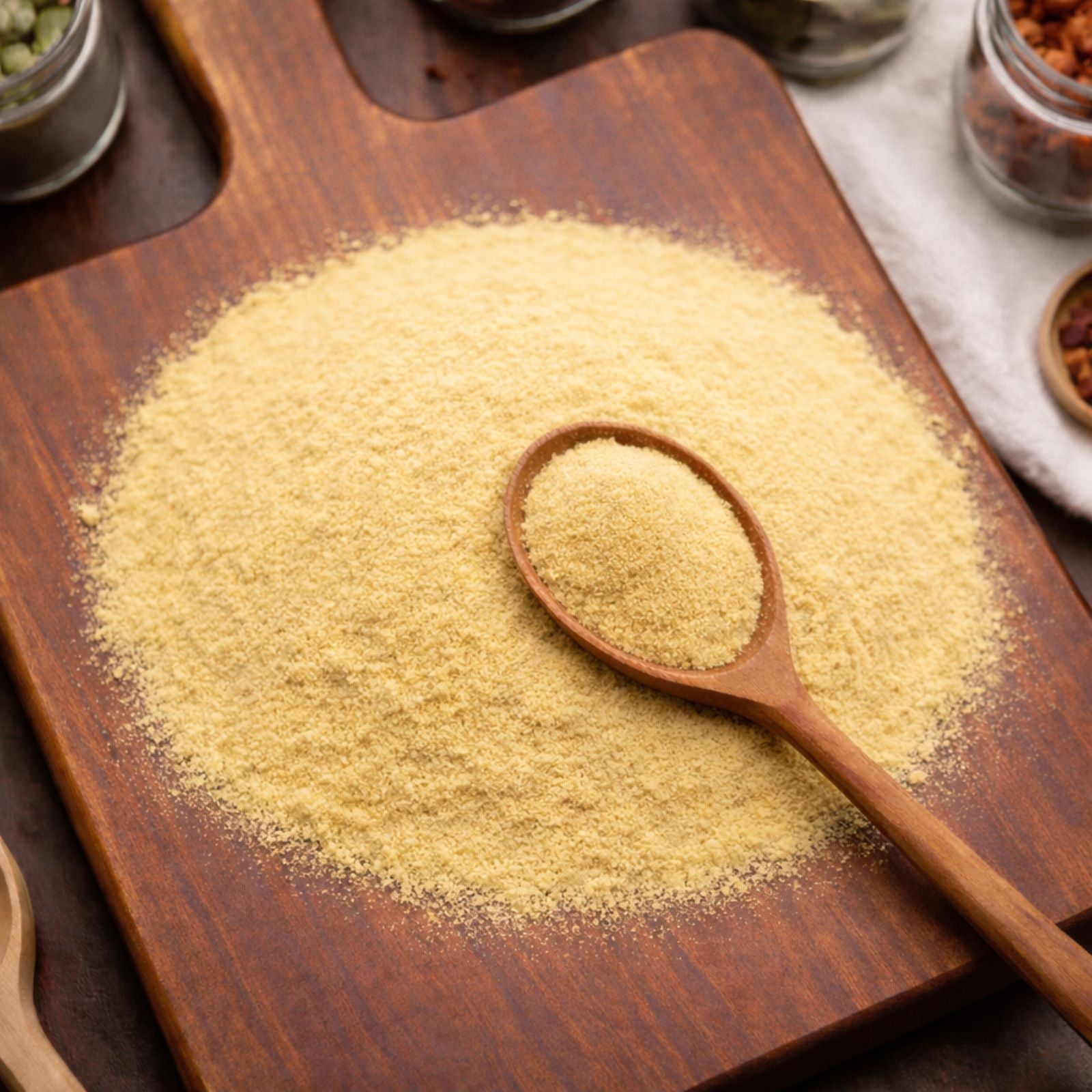 Fine golden-yellow pine pollen powder on a dark walnut board with a wooden measuring spoon – CanadaVitaLife