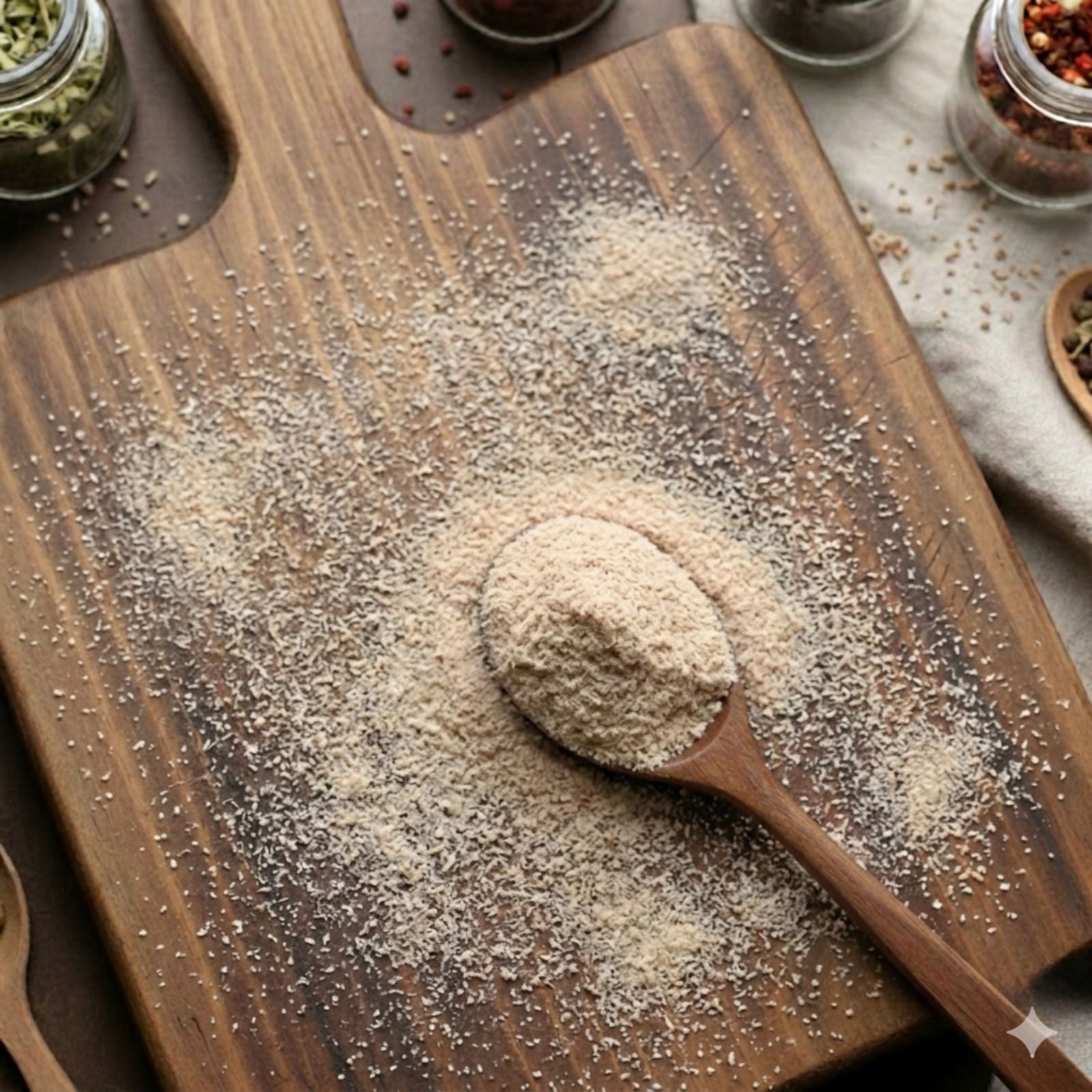 Pure blonde Psyllium seed powder (Plantago ovata) for traditional botanical and culinary use.