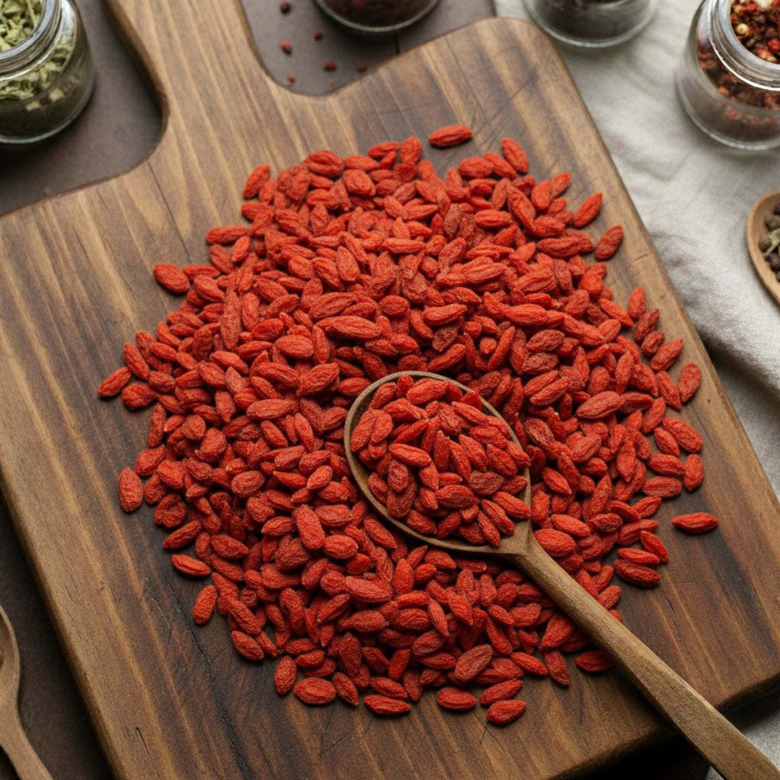 Sun-dried Red Goji Berries (Lycium barbarum) on a wooden surface with a wooden spoon and herb jars in the background - CanadaVitaLife