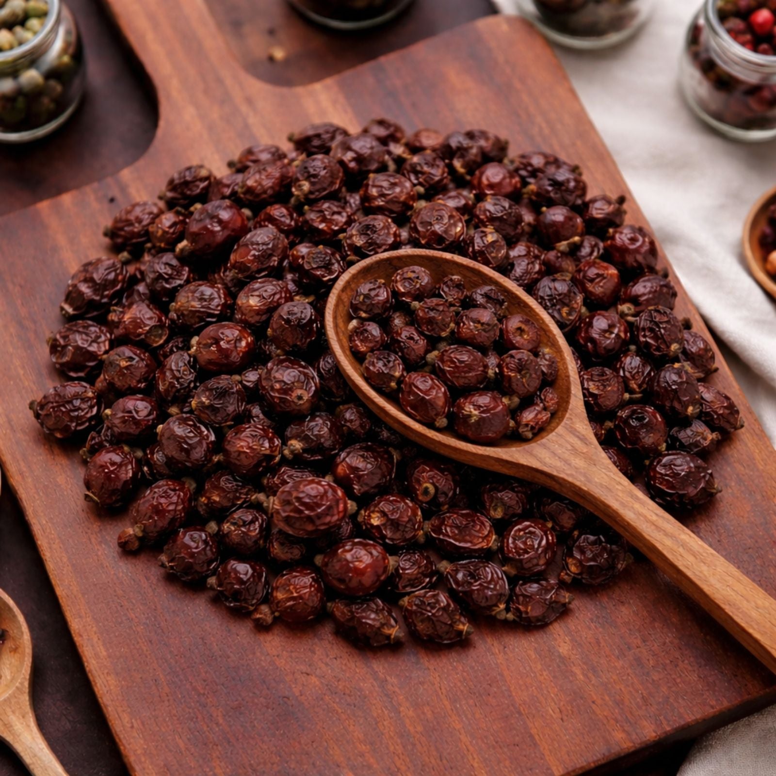Whole dried red rosehips displayed on a wooden board for herbal tea and decoration.