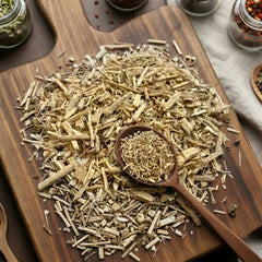 Dry cut and sifted Siberian Ginseng root (Eleuthero) for traditional botanical infusions.