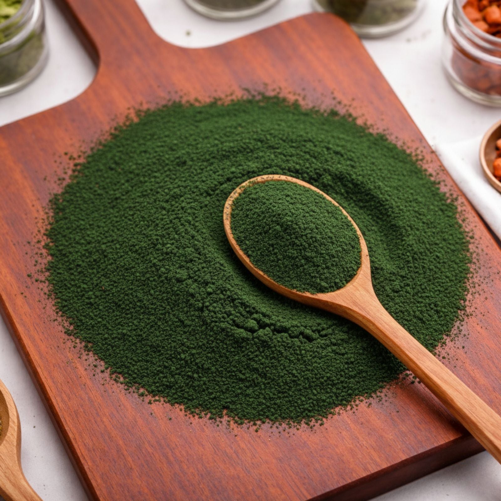Fine dark teal-green spirulina powder in a wooden bowl showing its rich, matte texture – CanadaVitaLife