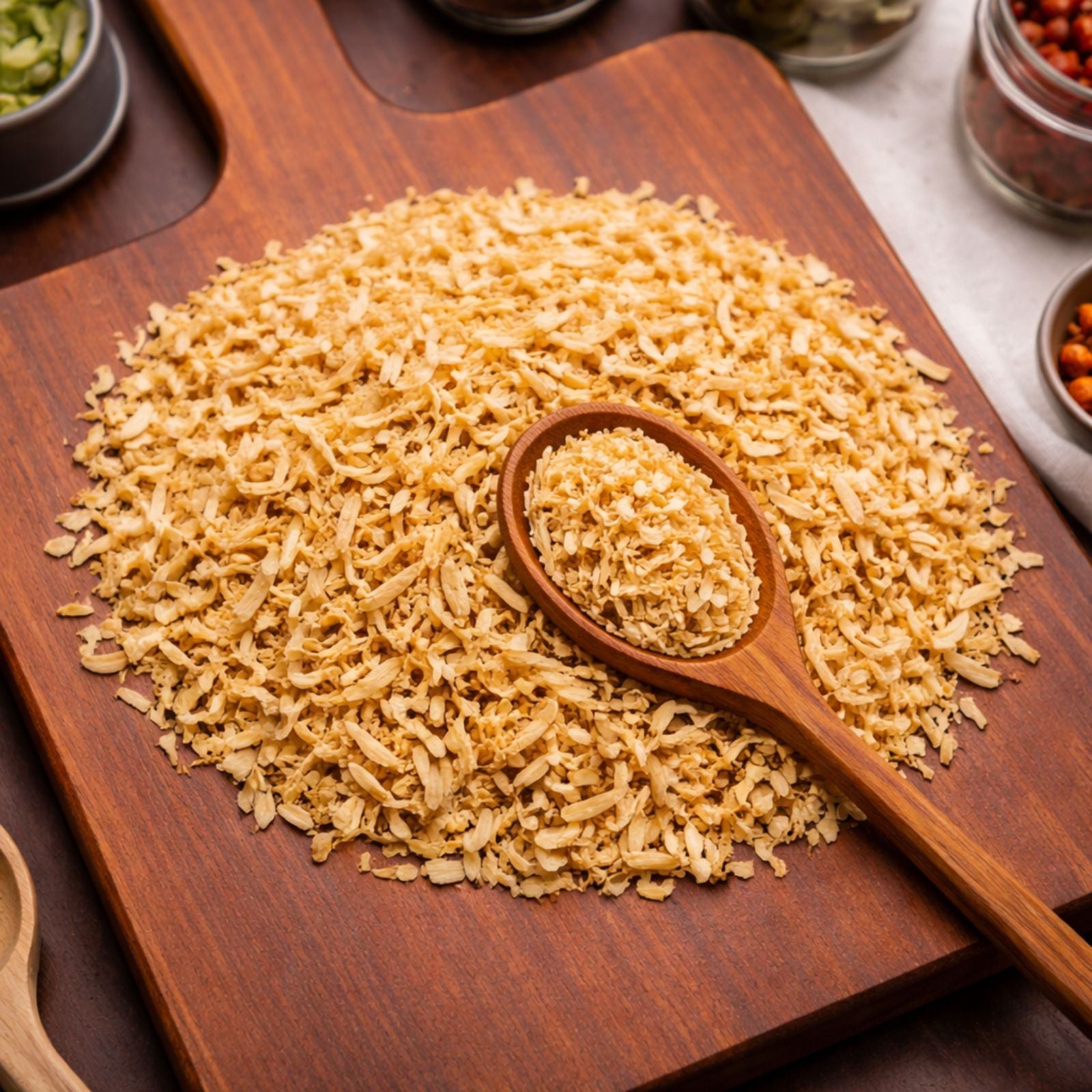Cut and sifted Tongkat Ali root pieces on a dark walnut board with a wooden spoon – CanadaVitaLife