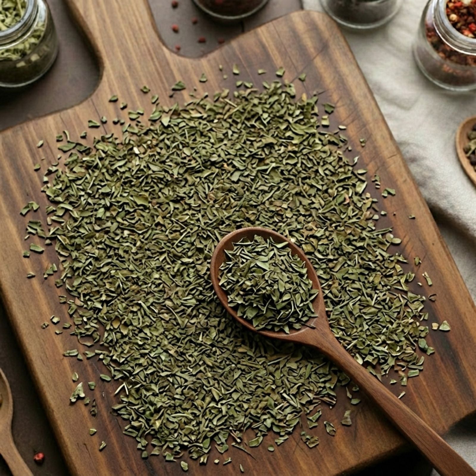 Dry cut and sifted Tulsi leaves (Holy Basil) for traditional Ayurvedic botanical infusions.