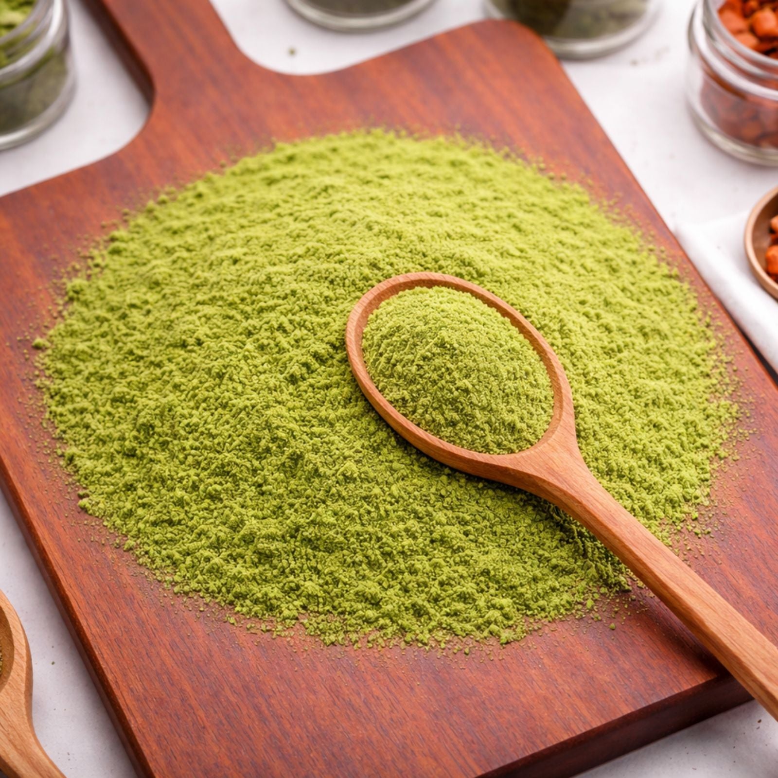 Vibrant green wheatgrass powder in a glass bowl with a wooden scoop – CanadaVitaLife