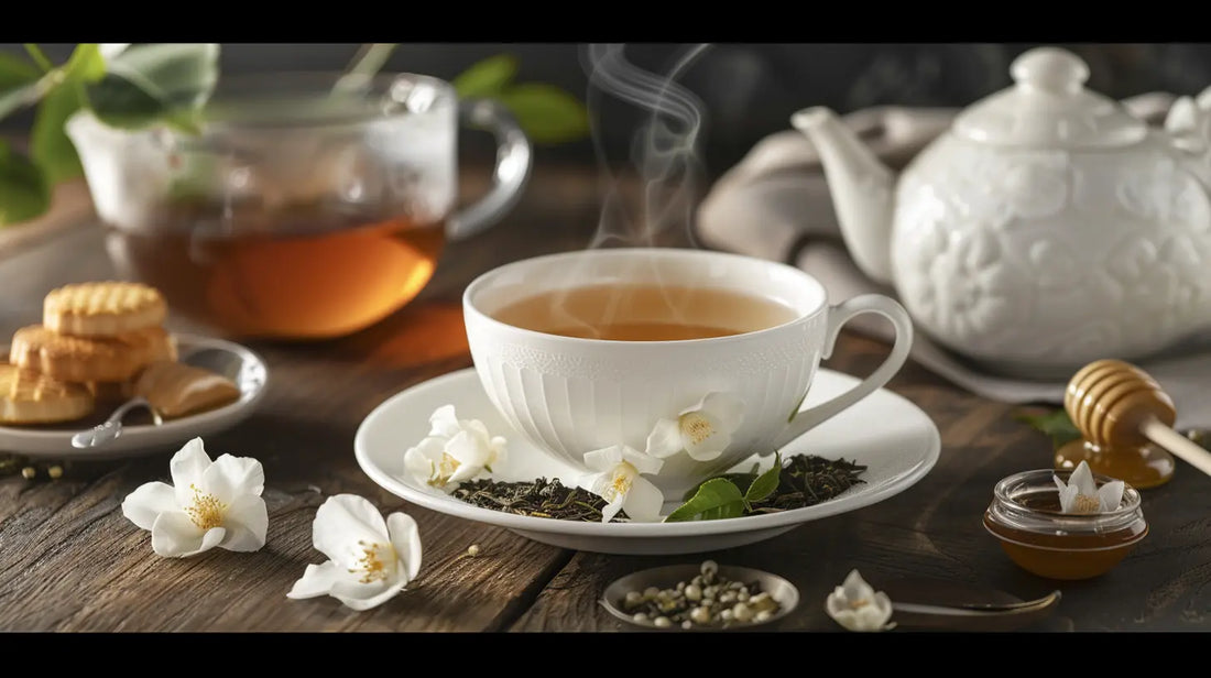 A steaming cup of jasmine tea with jasmine flowers and tea leaves, set on a rustic wooden table with a teapot, honey, and biscuits.