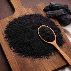 Fine-milled black activated charcoal powder from hardwood for beauty and personal care applications.