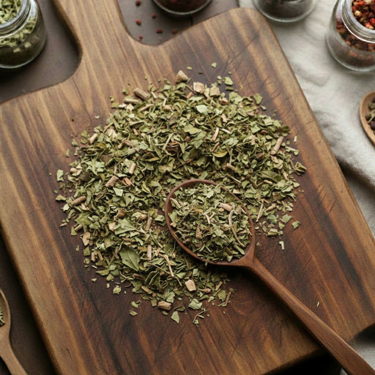 Dried cut and sifted Adulsa leaves (Adhatoda vasica) for traditional brewing.