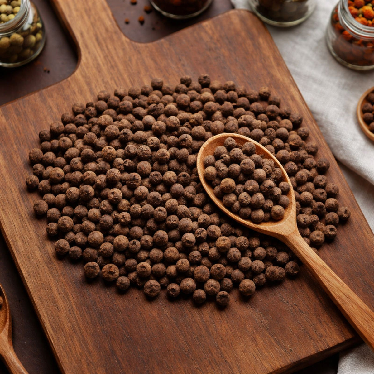 Whole dark brown allspice on a wooden background for culinary use.