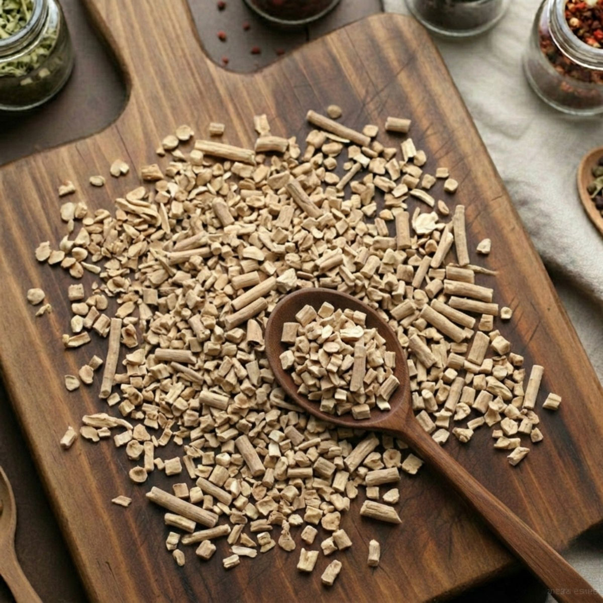 Dry cut and sifted Ashwagandha root (Withania somnifera) for traditional botanical decoctions.