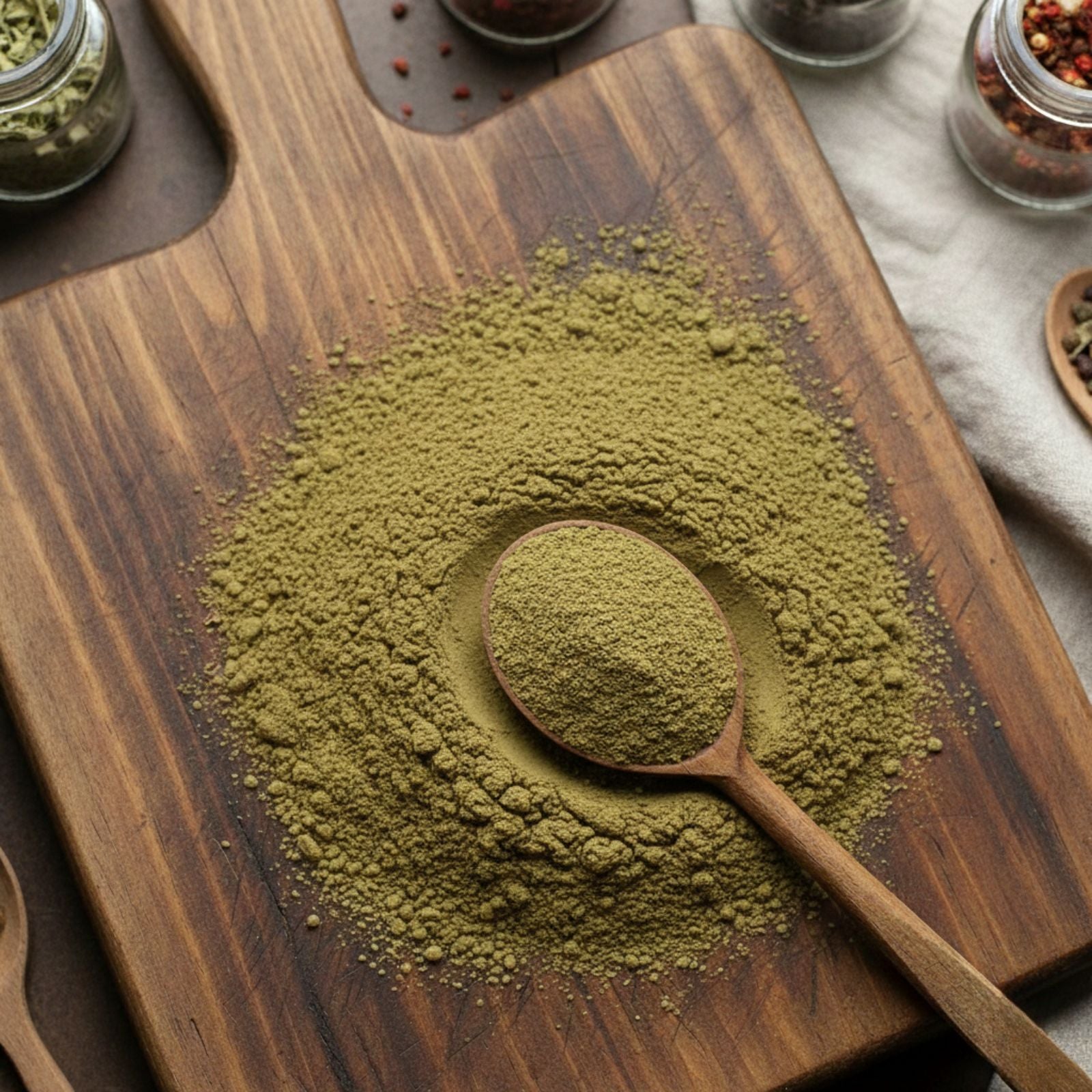 Fine green Barley Grass Powder (Hordeum vulgare) on a wooden surface with a wooden spoon and herb jars in the background - CanadaVitaLife