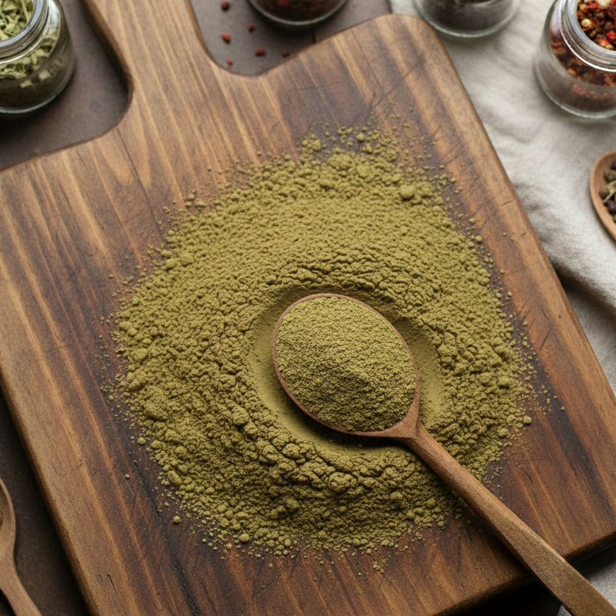 Fine green Barley Grass Powder (Hordeum vulgare) on a wooden surface with a wooden spoon and herb jars in the background - CanadaVitaLife