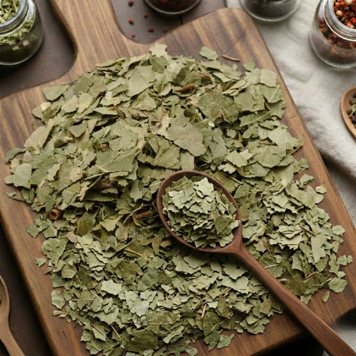 Dry cut and sifted Birch leaves (Betula alba) for traditional botanical infusions.