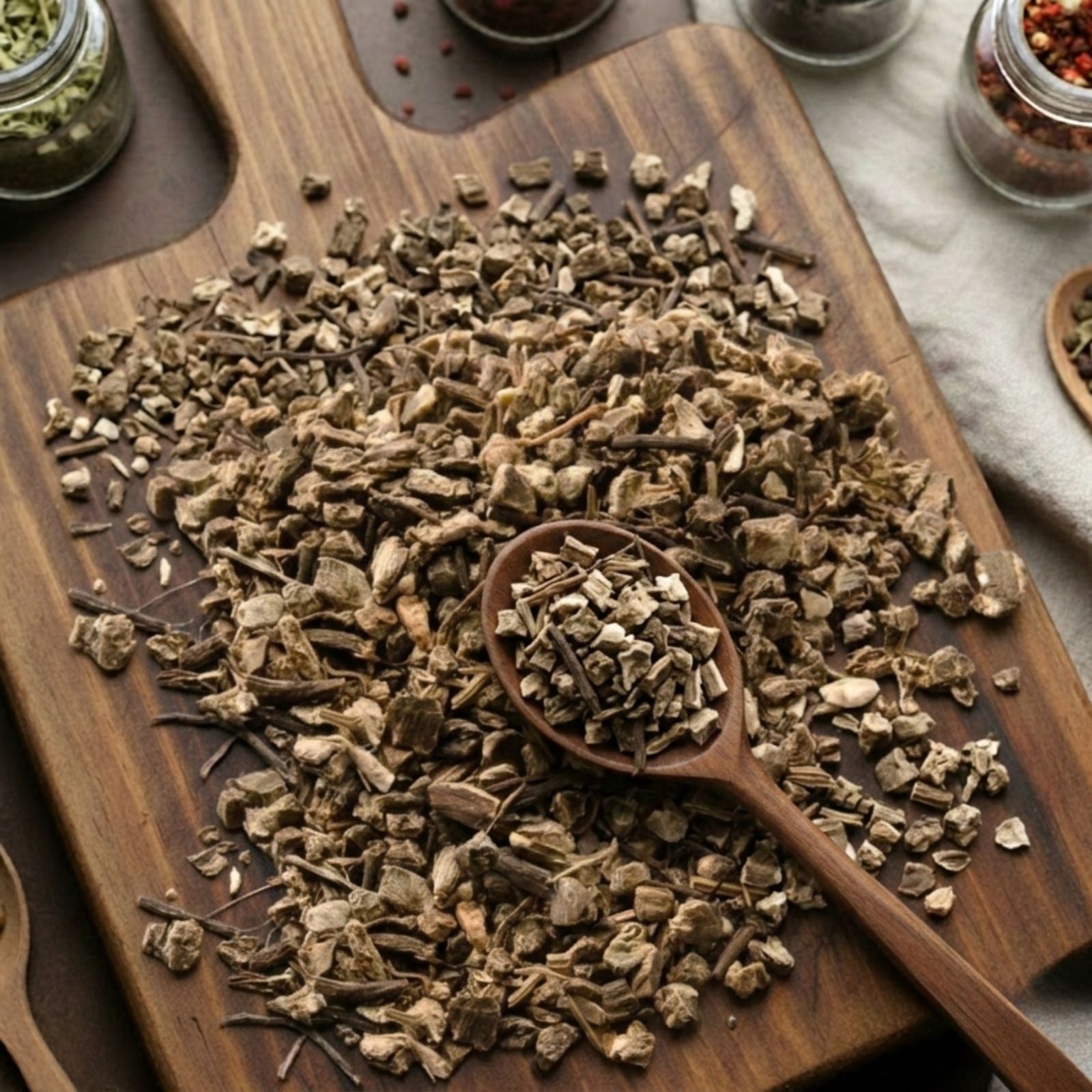 Dry cut and sifted Black Cohosh root (Actaea racemosa) for traditional botanical infusions.