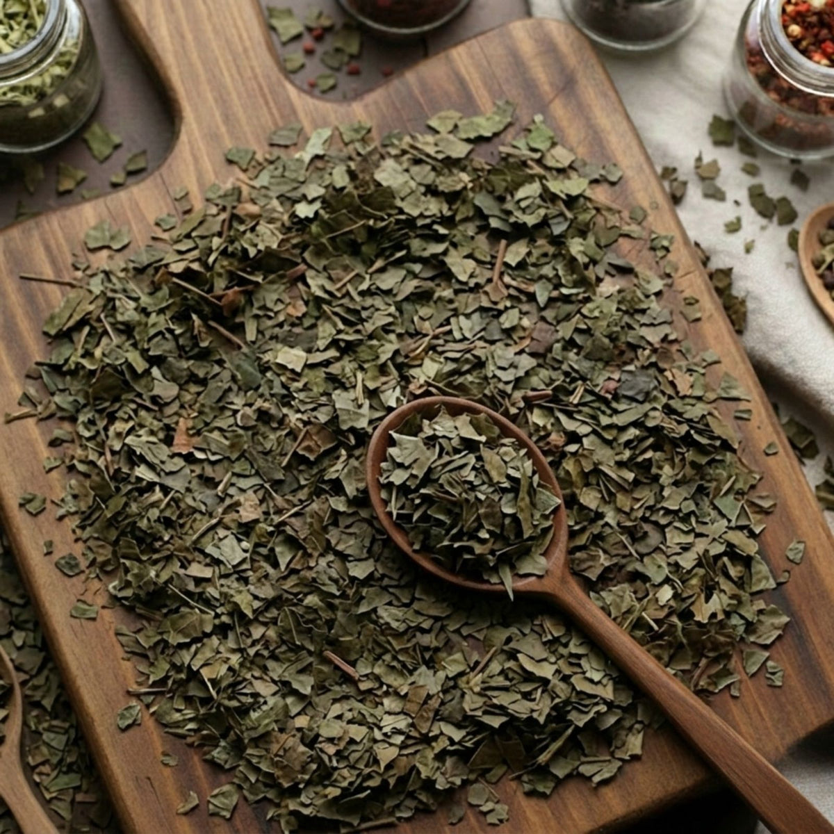 Dry cut and sifted Black Walnut leaves (Juglans nigra) for traditional botanical infusions.