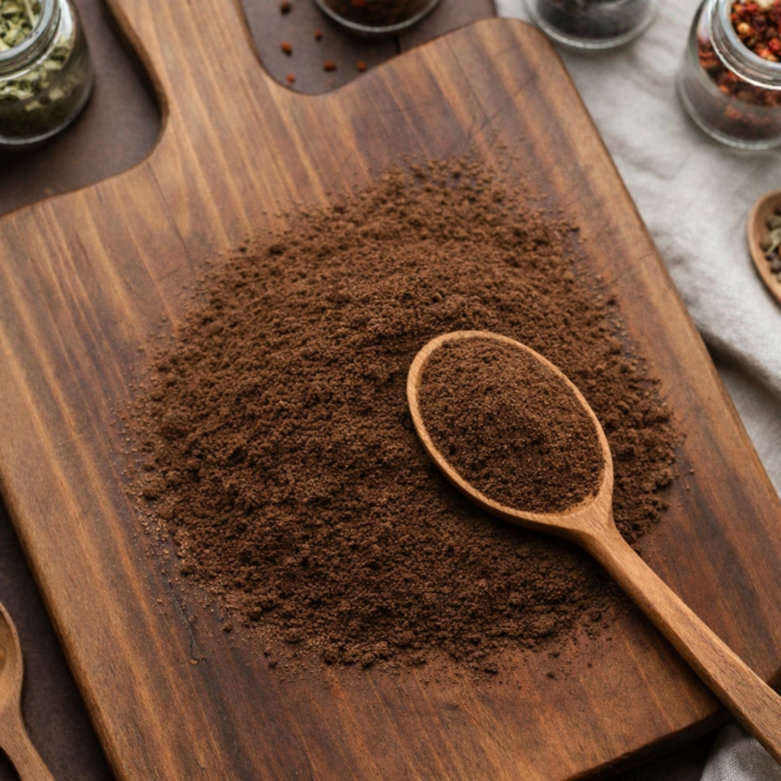 Finely milled brown bladderwrack powder on a wooden surface for botanical and personal care use.