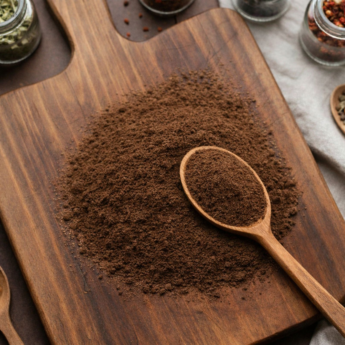 Finely milled brown bladderwrack powder on a wooden surface for botanical and personal care use.