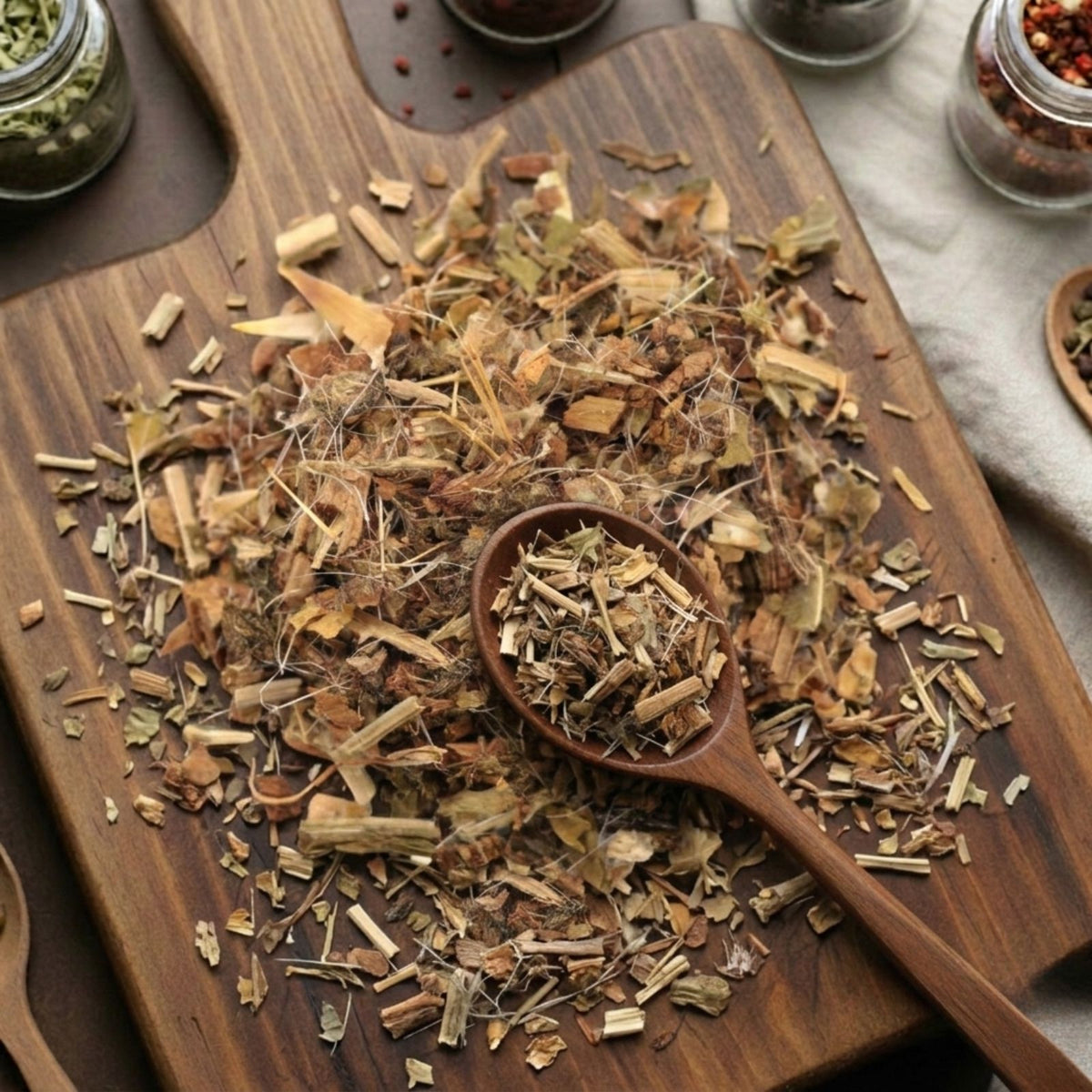 Dry cut and sifted Blessed Thistle herb (Cnicus benedictus) for traditional botanical infusions.