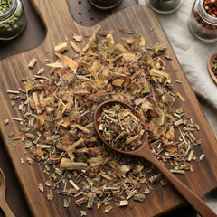 Dry cut and sifted Blessed Thistle herb (Cnicus benedictus) for traditional botanical infusions.