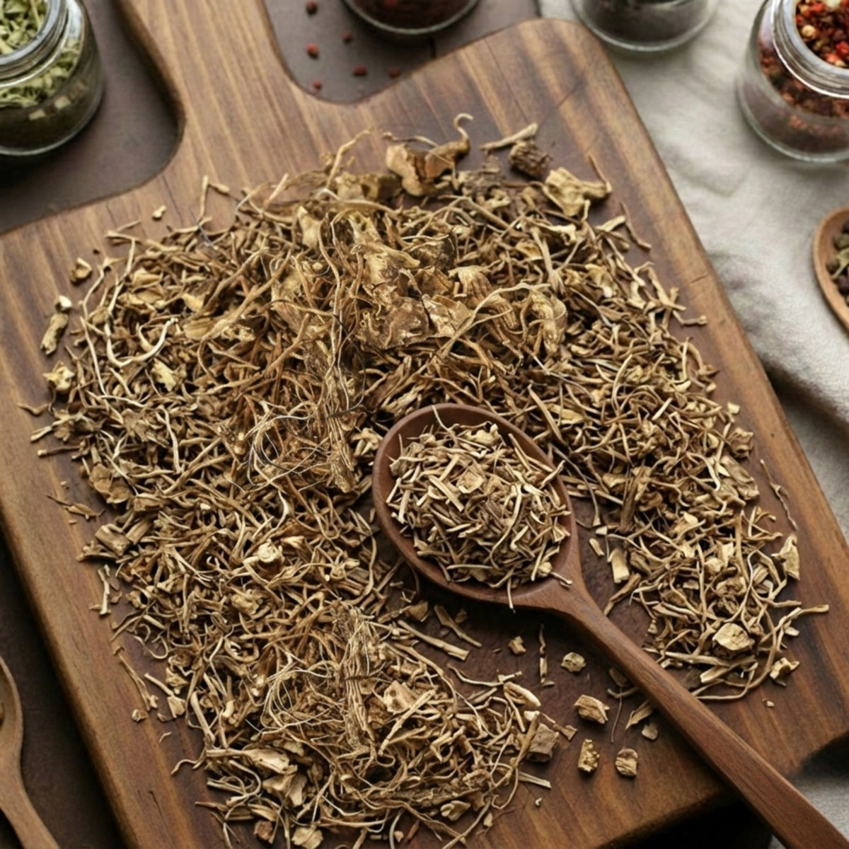 Dry cut and sifted Blue Cohosh root (Caulophyllum thalictroides) for traditional botanical infusions.