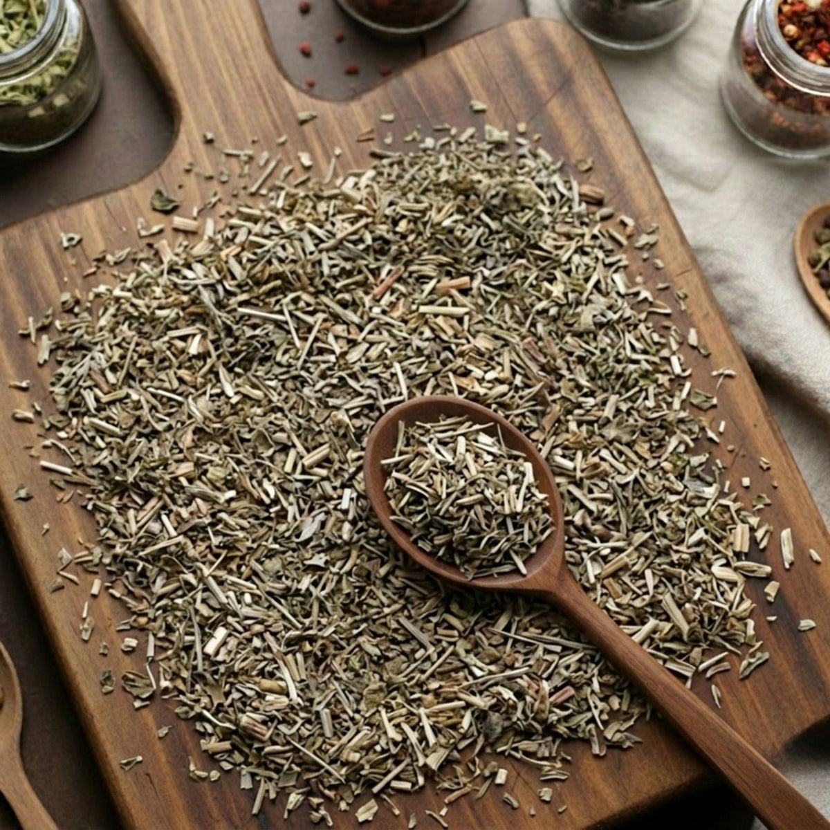 Dry cut and sifted Boneset herb (Eupatorium perfoliatum) for traditional botanical infusions.