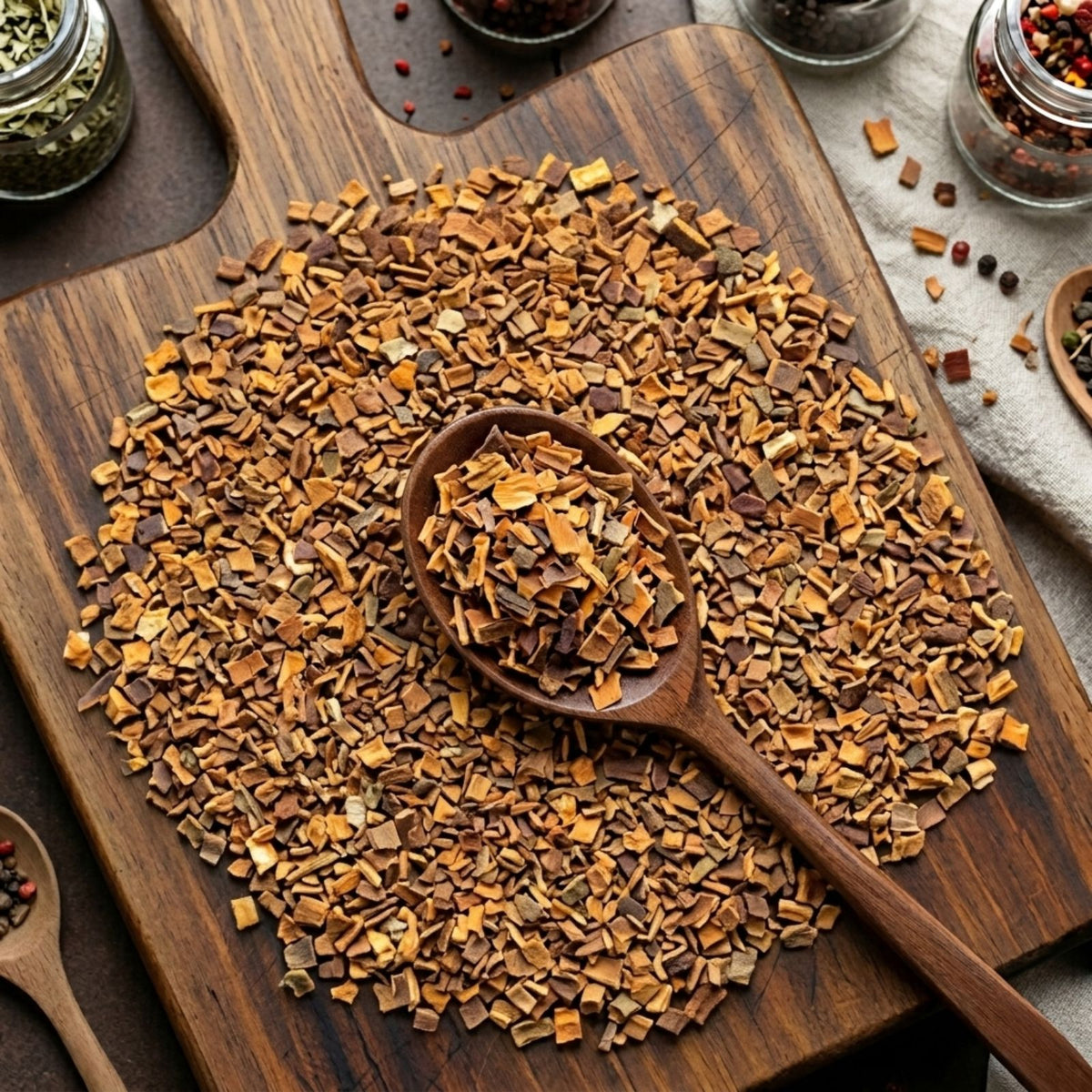 Dry cut and sifted Buckthorn bark (Rhamnus frangula) for traditional botanical infusions.