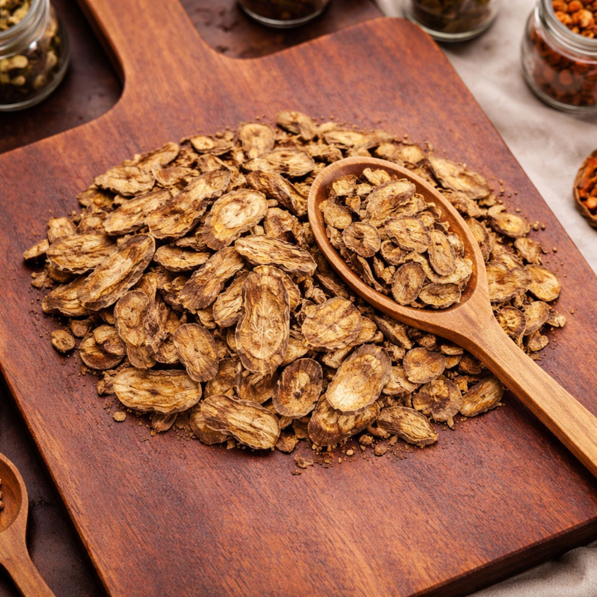 Dried Burdock Root Slices (Arctium lappa) for culinary use and herbal infusions.
