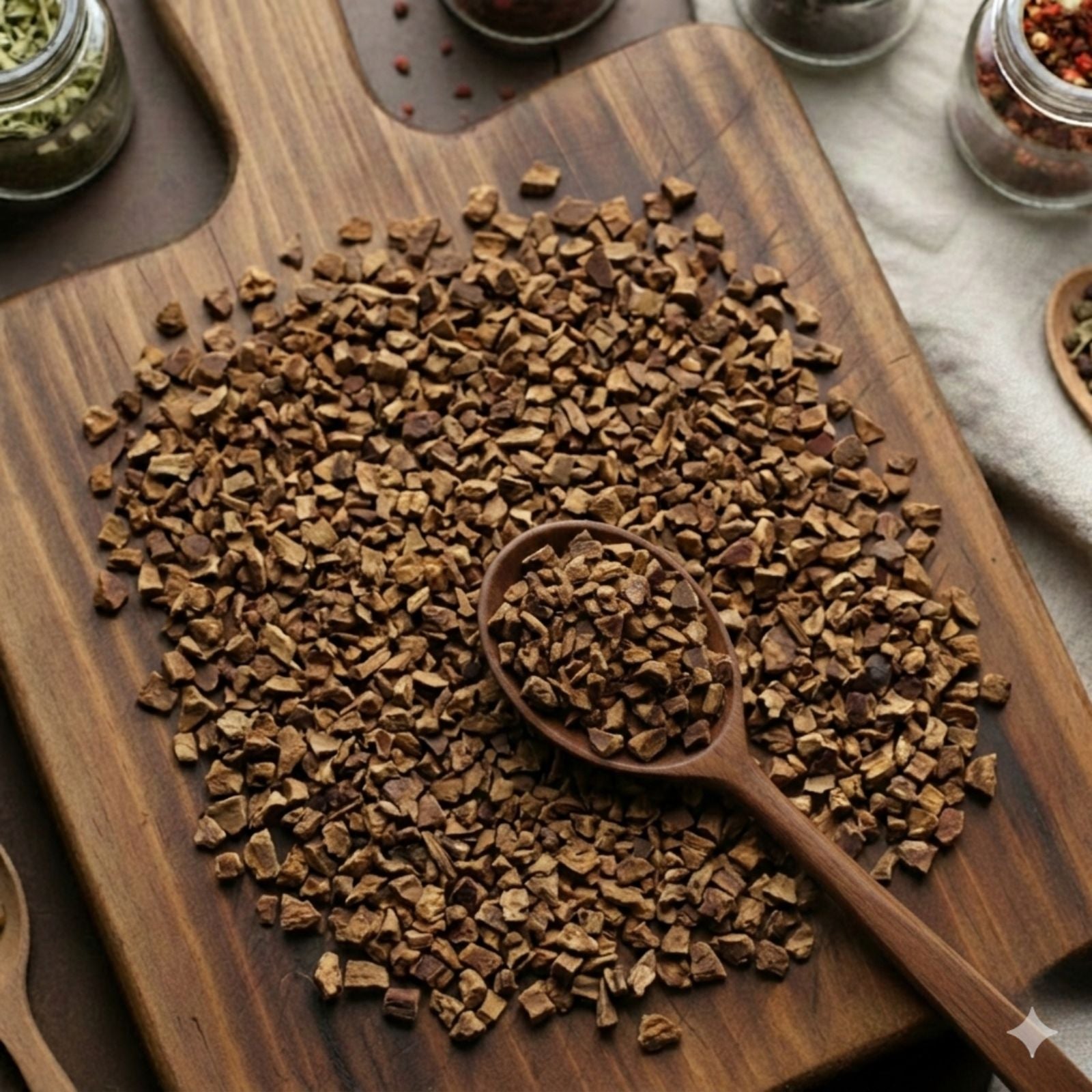 Dry cut and sifted Cascara Sagrada bark (Rhamnus purshiana) for traditional botanical infusions.