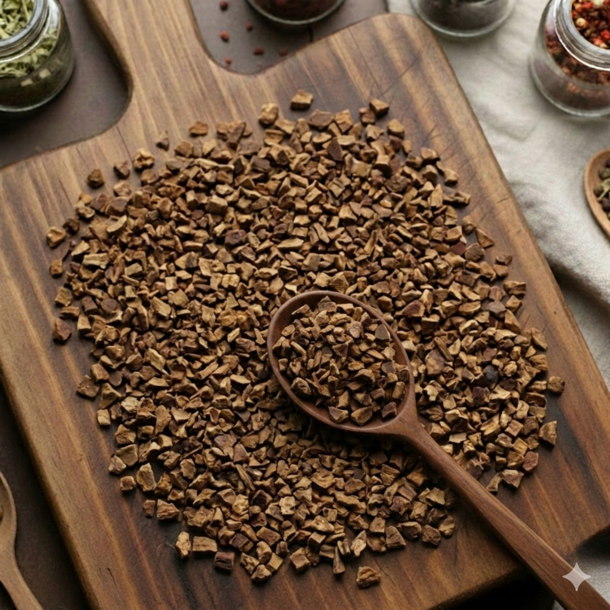 Dry cut and sifted Cascara Sagrada bark (Rhamnus purshiana) for traditional botanical infusions.