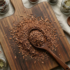 Dry cut and sifted Cinchona bark (Cinchona officinalis) for traditional botanical infusions and tonic making.