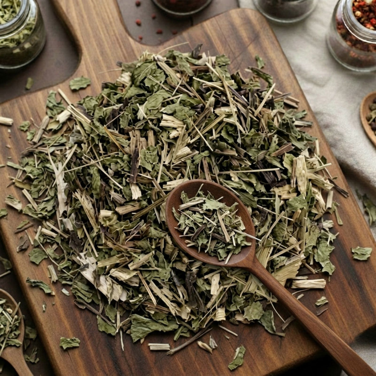 Dry cut and sifted Echinacea purpurea herb (leaves and flowers) for traditional botanical infusions.