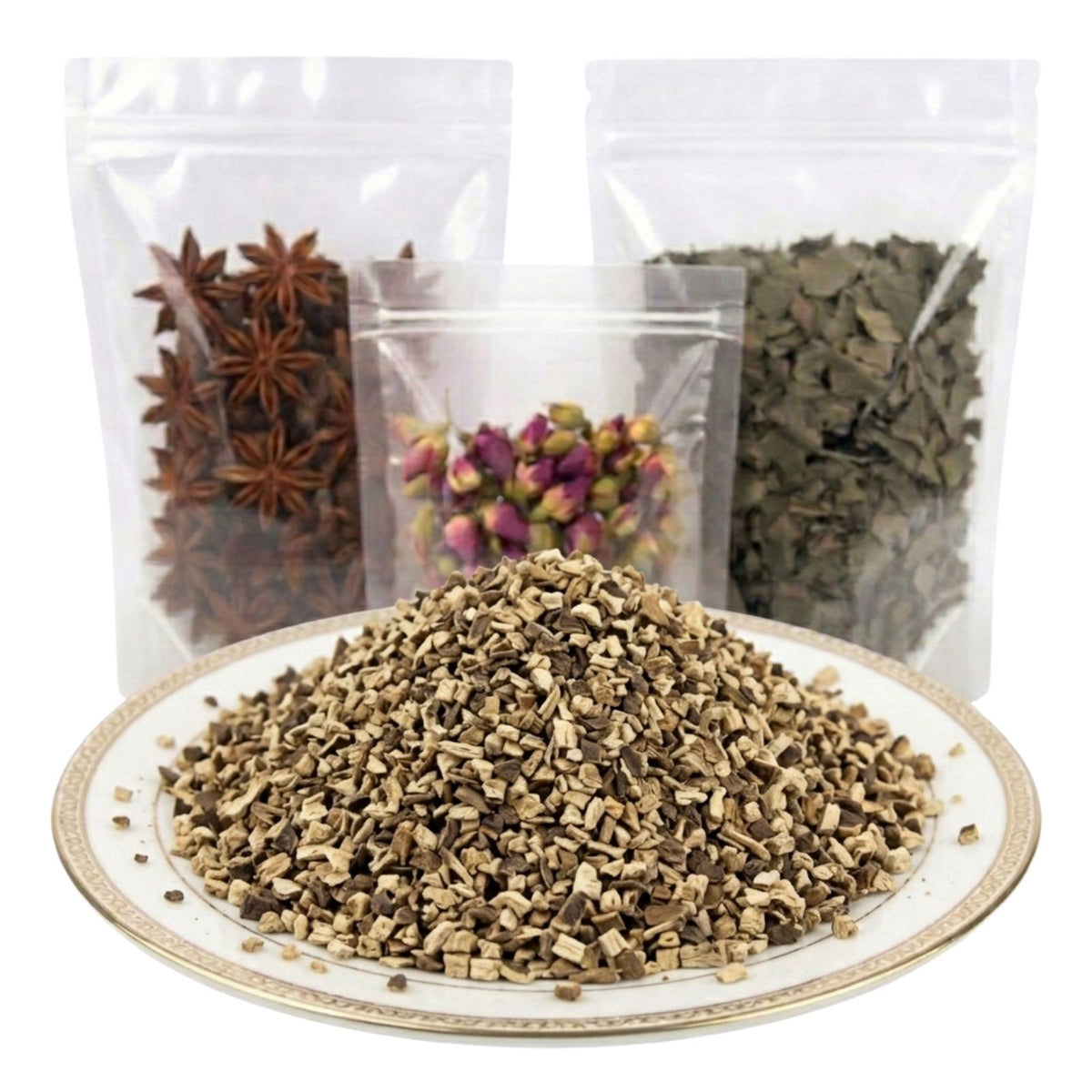 fo ti root cut and sifted dried herbal botanical ingredient earthy texture