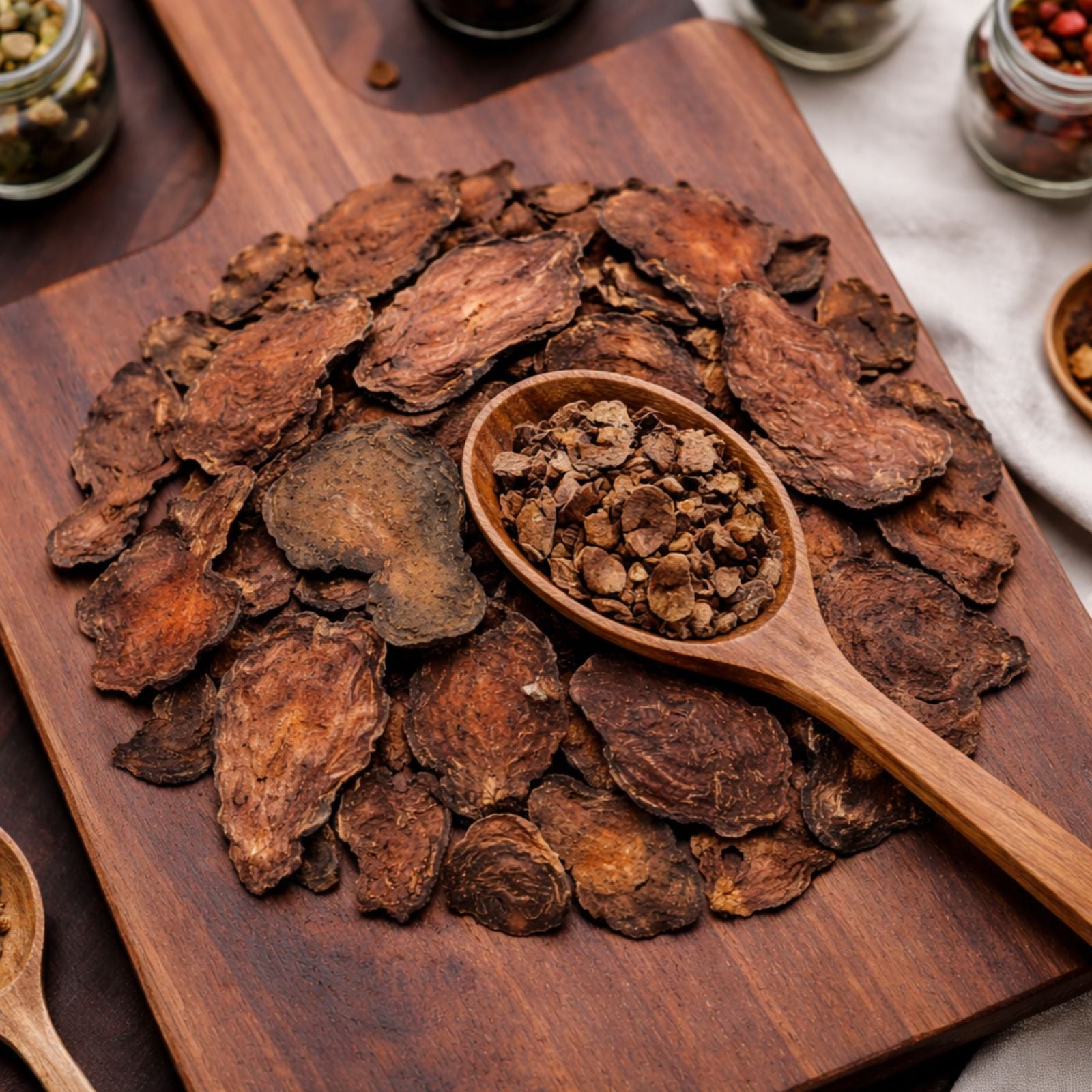 Dried Fo-ti root slices displayed on a rustic wooden board for traditional herbal tea.