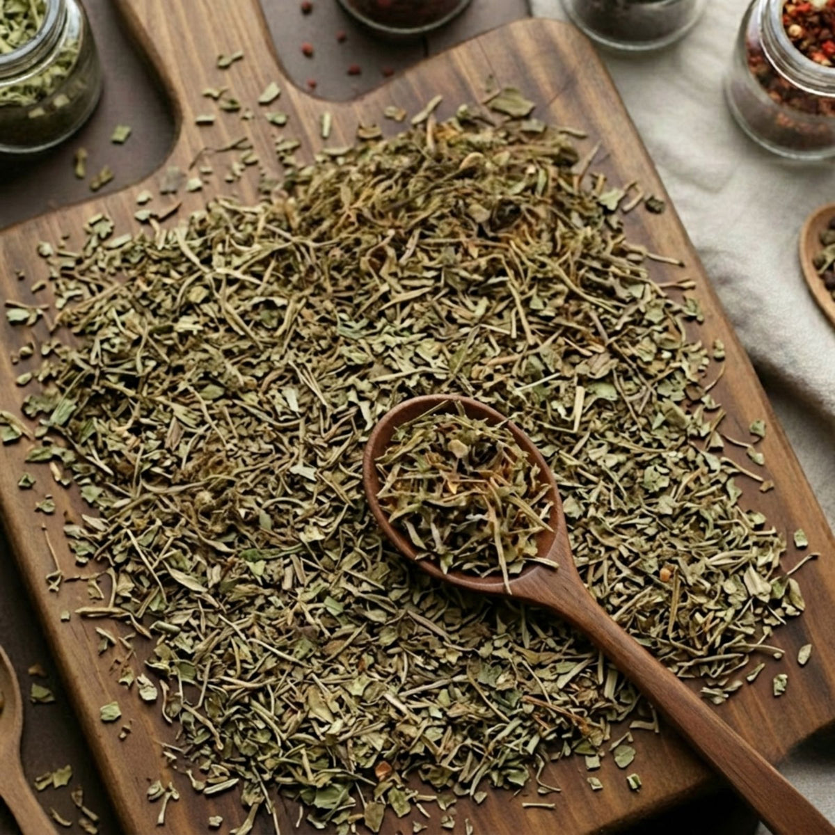 Dry cut and sifted Gotu Kola leaves (Centella asiatica) for traditional Ayurvedic botanical infusions.