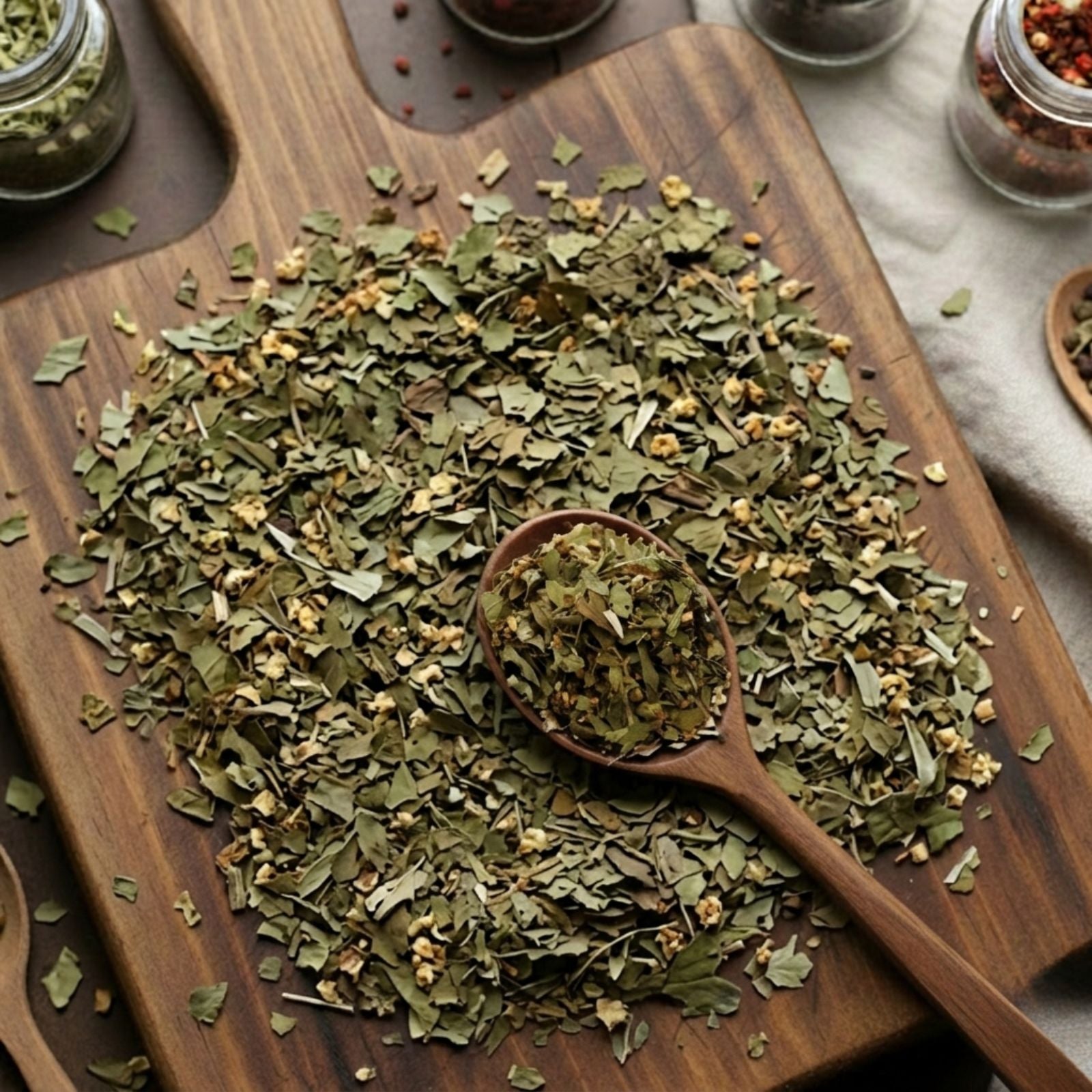 Dry cut and sifted Hawthorn flowers and leaves (Crataegus laevigata) for traditional botanical infusions.